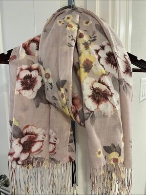 🩷 Floral Fringe Scarf in Blush Pink and Yellow